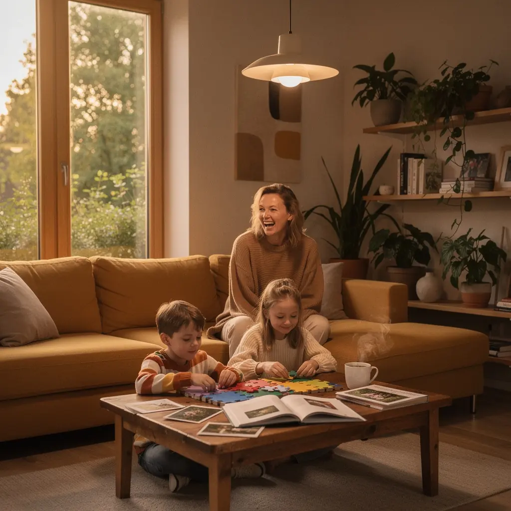 Väike koduoffice, kus on mugavad mööbliesemed ja soe valgus, et tööd teha.